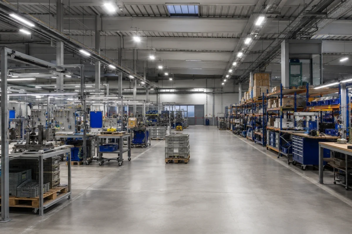 LED-Highbay- und Linearleuchten über Produktionsflächen, Lagerregalen und Werkstattbereichen in Sachsen und Sachsen-Anhalt