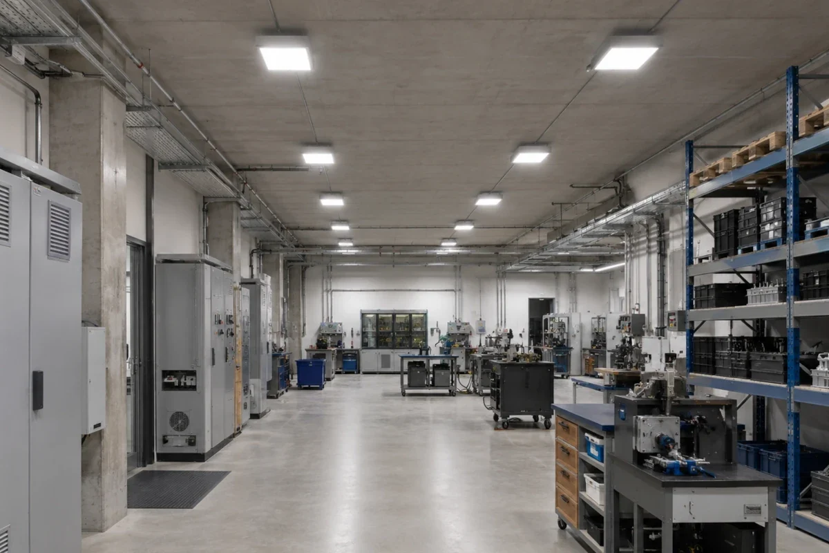 LED-Deckenleuchten in einem technischen Industriebereich mit Lagerregalen, Verkehrsweg und Elektroverteilung