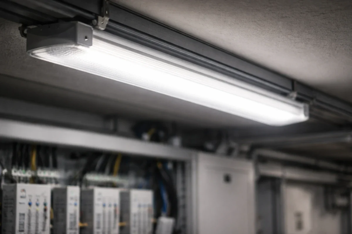 LED-Leuchte mit Helligkeitsschwankung in technischer Installationsumgebung