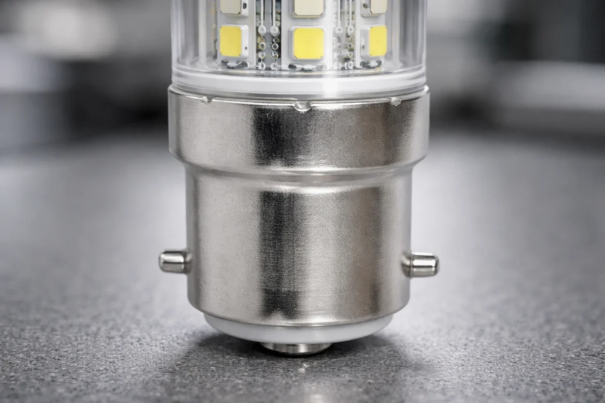 B22s Bajonettsockel mit zwei Raststiften und einem Boden-Kontakt in technischer Umgebung