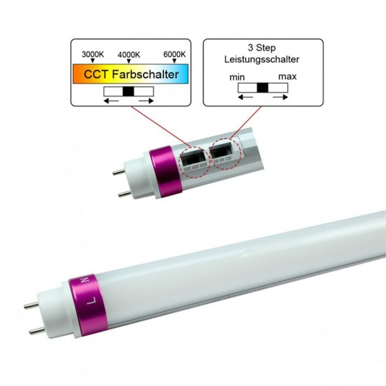 LED-Röhre mit CCT Farbwechsler und zwei Leistungsstufen, in Silber und Weiß.