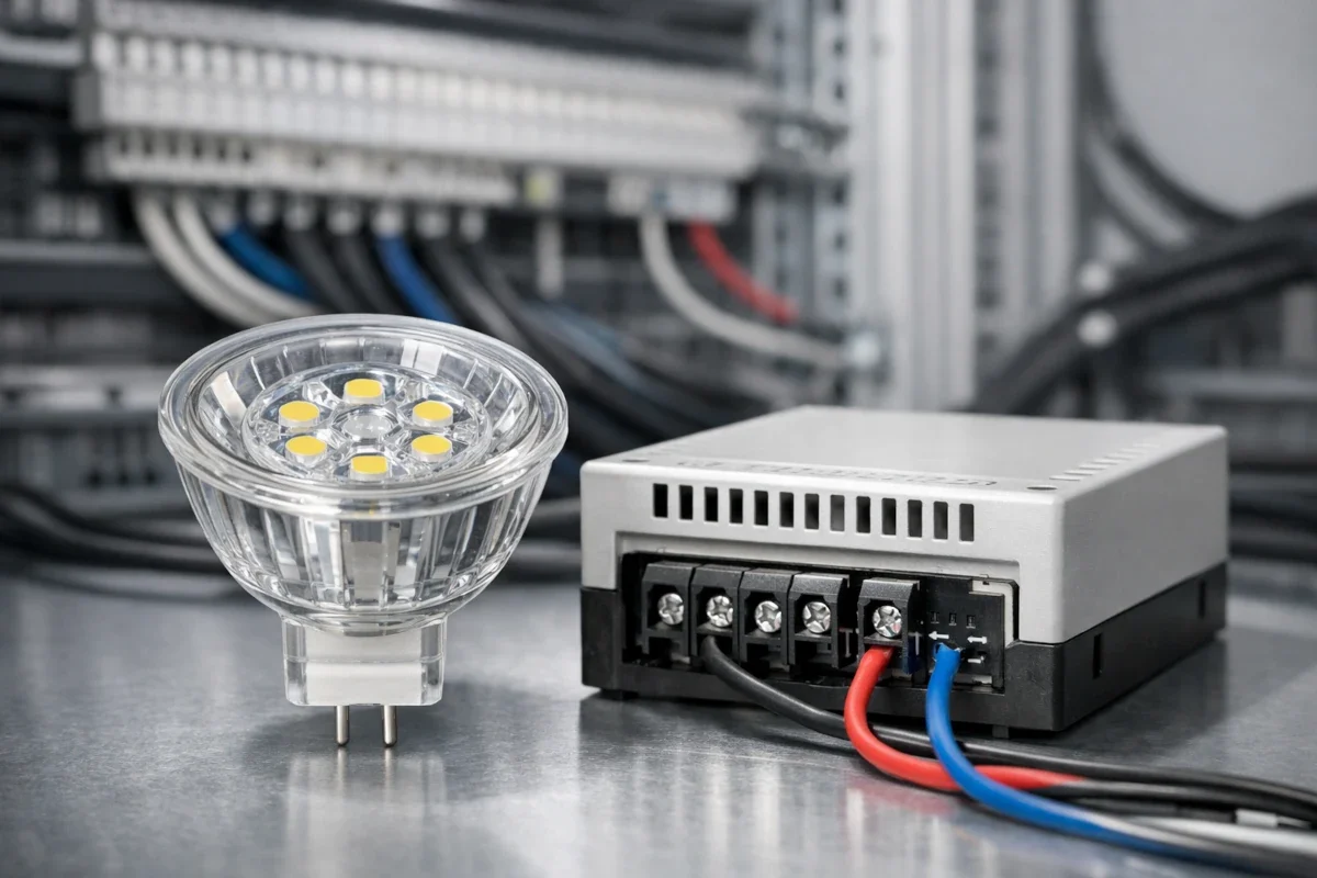12V LED mit Transformator und Netzteil in technischer Installationsumgebung