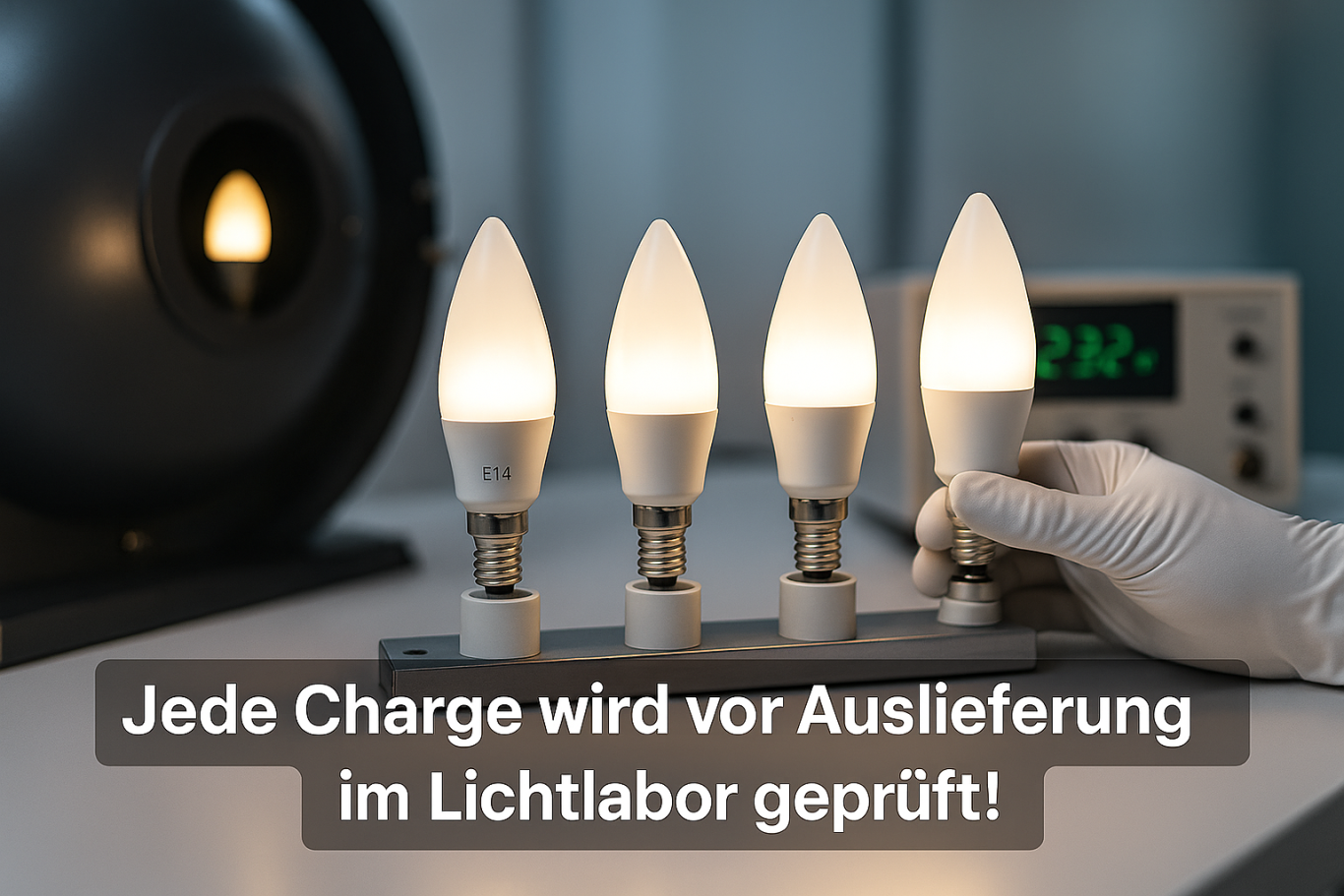 Vier getestete LED-Lampen in einem Lichtlabor, Hand hält eine Lampe.