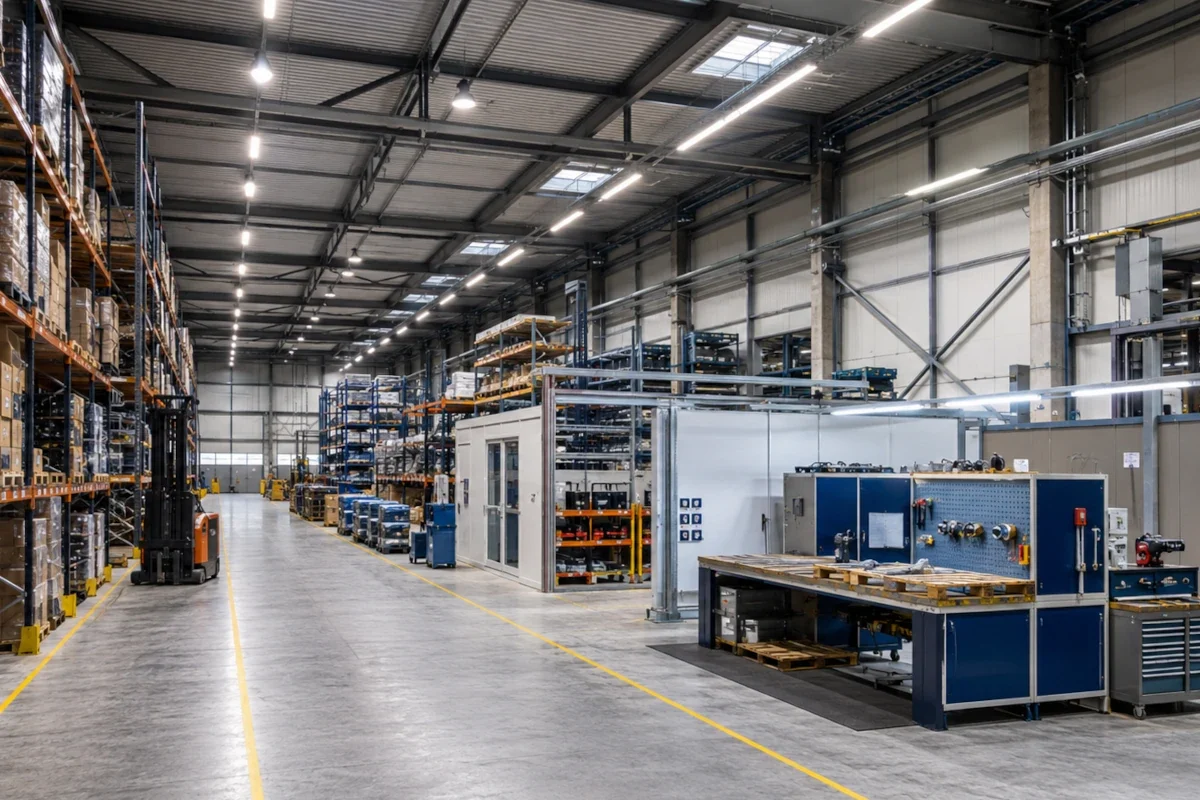 LED Hallenbeleuchtung Hessen für Logistik Lager Werkstatt Gewerbepark und technische Betriebsräume prüfen LED-Highbay- und Linearleuchten über Lagerregalen, Werkstattflächen und Logistikbereichen in einer Gewerbehalle in Hessen