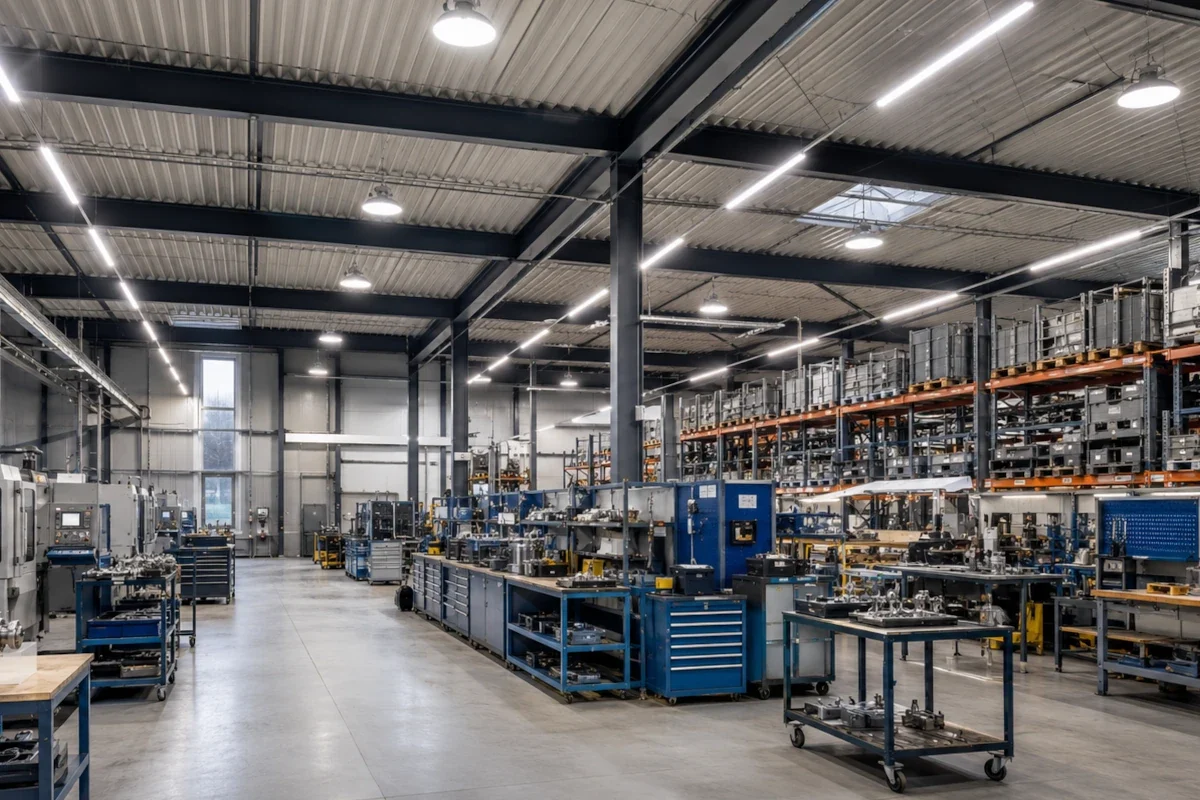 LED-Highbay- und Linearleuchten über Produktionsflächen, Lagerregalen und Werkstattbereichen in einer Industriehalle in Baden-Württemberg