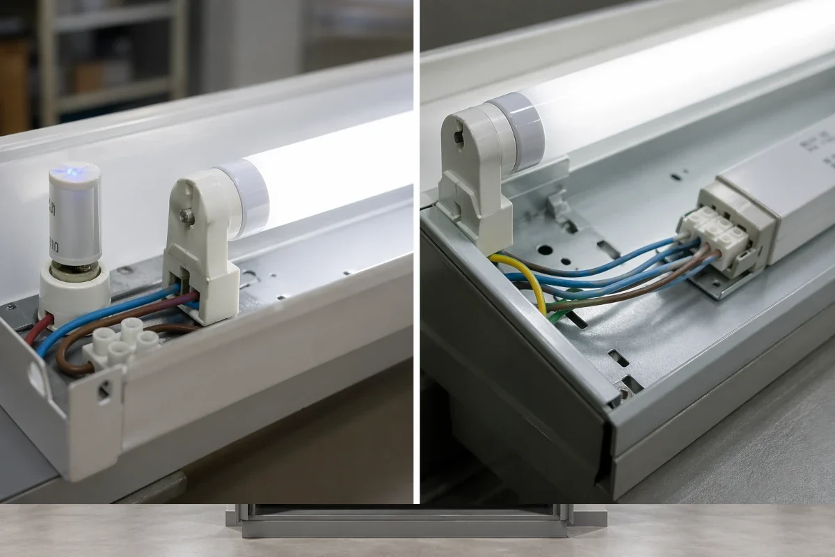 T8 LED Röhre mit LED Starter neben Leuchte mit Vorschaltgerät in technischer Installation