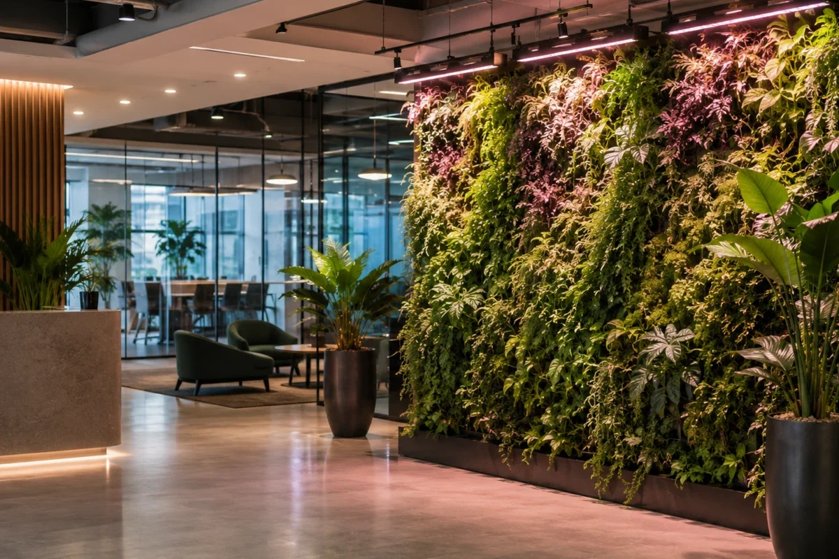 LED Pflanzenbeleuchtung in einer modernen Bürolobby mit Pflanzenwand, großen Pflanzgefäßen und Empfangsbereich