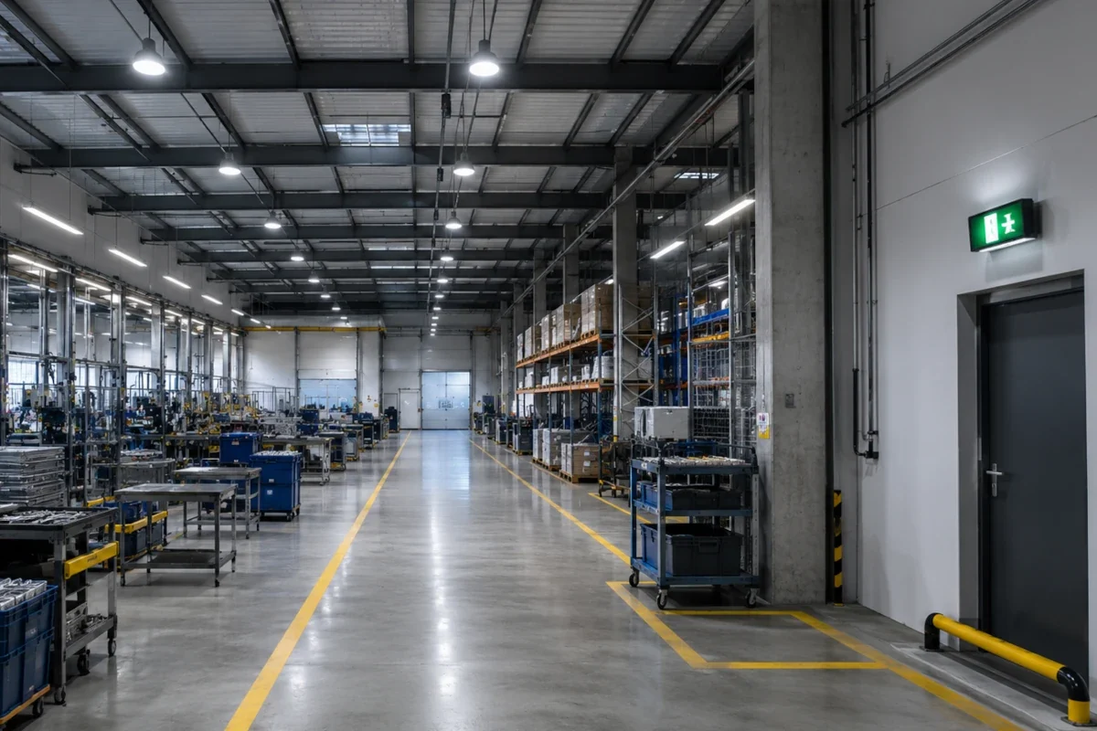 LED-Leuchte in technischem Industrieflur mit sichtbarem Fluchtweg und Sicherheitsbeleuchtungsumgebung
