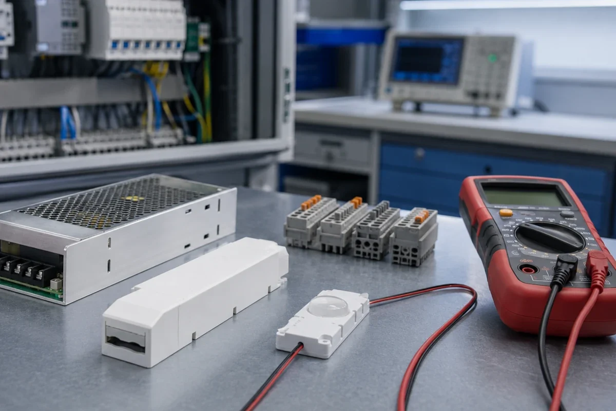 LED-Treiber nach Konstantstrom Konstantspannung Watt Volt und Dimmung prüfen LED-Treiber und LED-Netzteil mit LED-Modul auf technischer Prüfbank