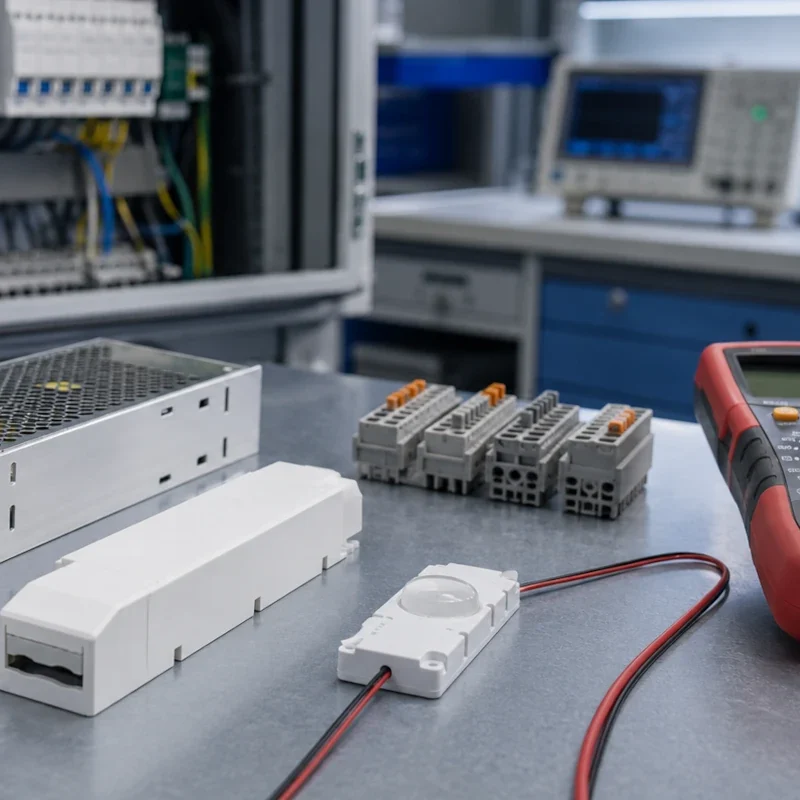 LED-Treiber und Netzteile richtig auswählen LED-Treiber und LED-Netzteile neben einem technischen LED-Modul in einer Elektroinstallation
