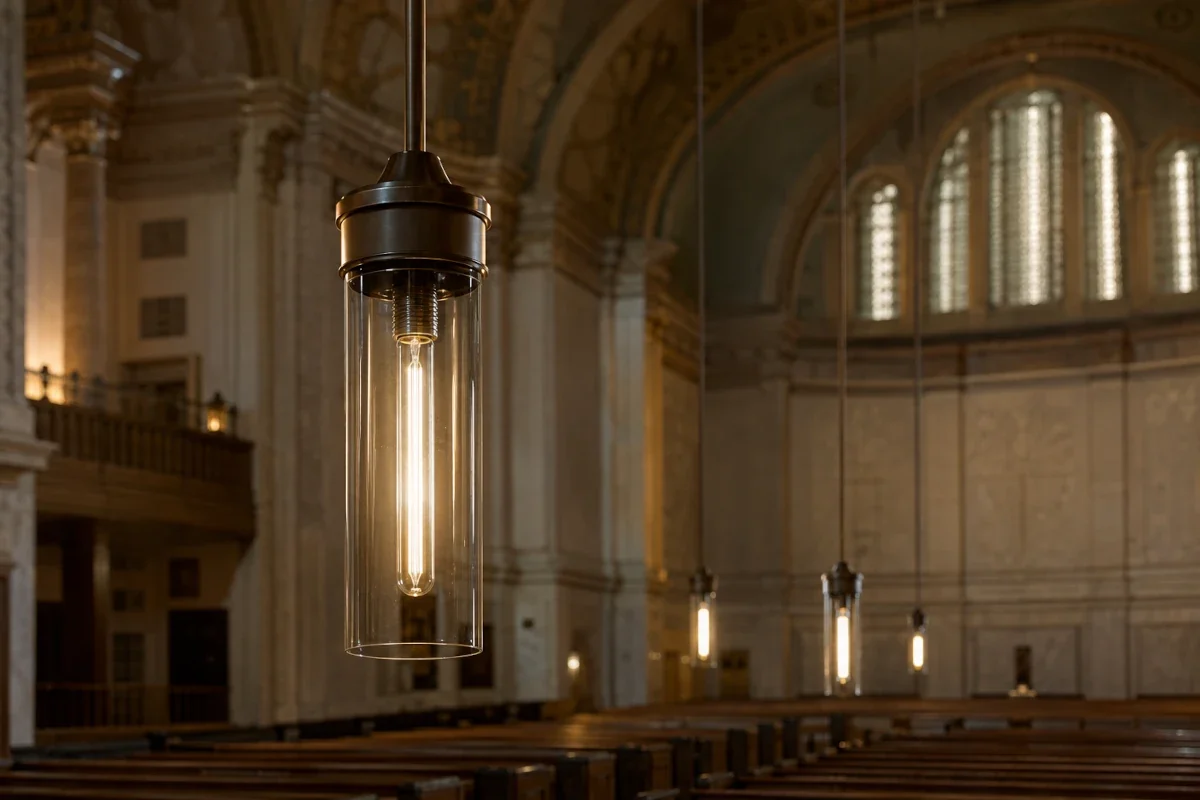 Lange E27 LED Tube in einer Pendelleuchte eines großen sakralen Innenraums