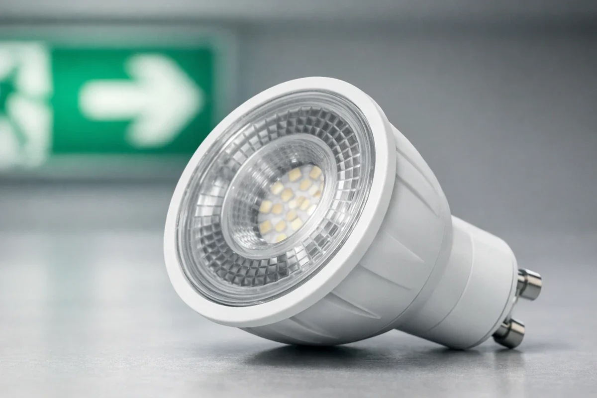 GU10 LED im Vordergrund vor diffuser EU-Notausgangsbeleuchtung in gewerblicher Umgebung