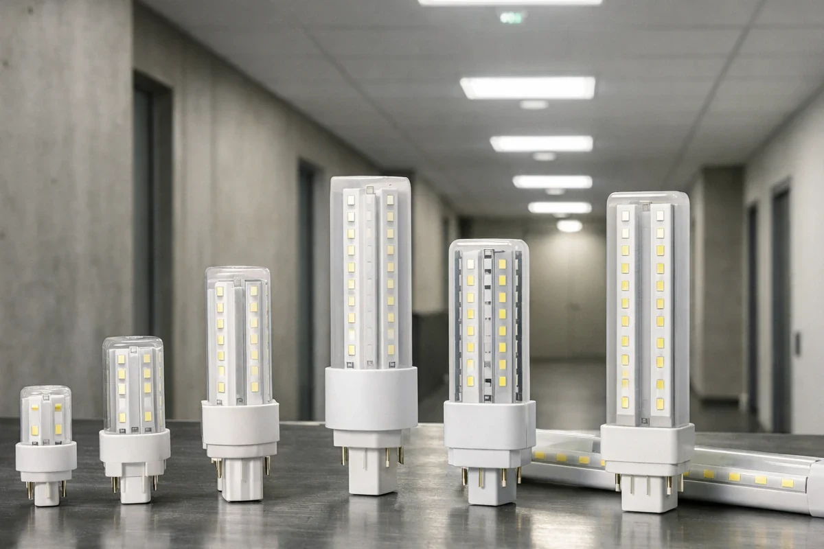 LED-Retrofit-Kompaktleuchtstofflampen G24 2G7 2G11 auf Werkbank, im Hintergrund installierte Notbeleuchtung in Industrieflur