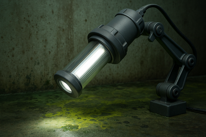 Industrielle Lampe mit einem Metallgehäuse auf einem grünen, fleckigen Boden.