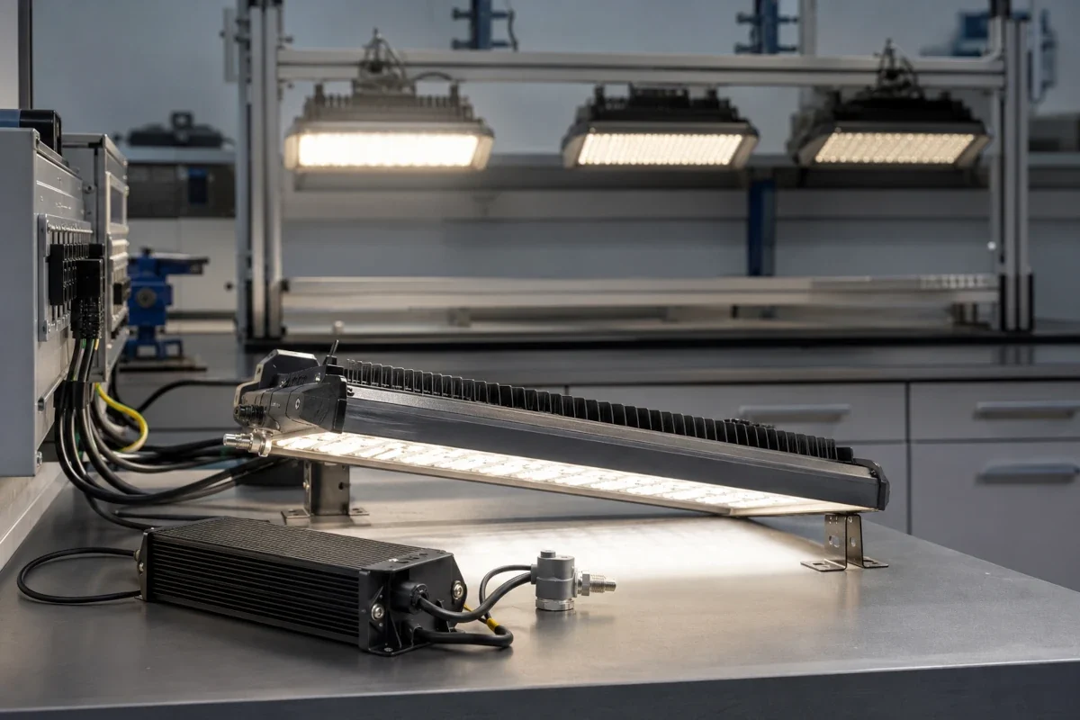 Technische Darstellung des Lichtstromrückgangs einer LED-Leuchte über zunehmende Betriebsstunden