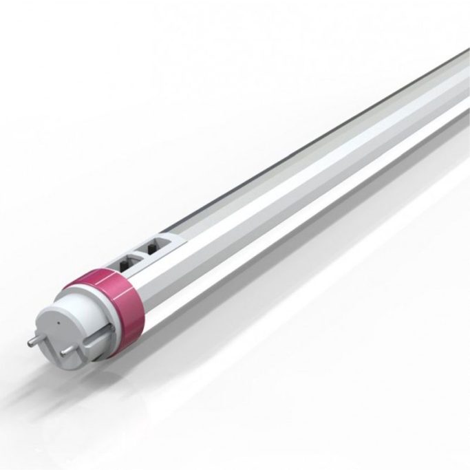 Röhrenlampe mit pinkfarbenem Ende und silbernem Leuchten.