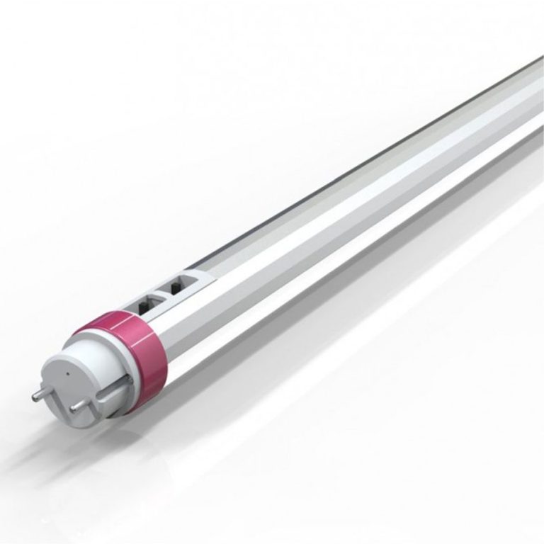 Energieeffiziente LED-Röhre mit pinkfarbigem Sockel und klarem Gehäuse.