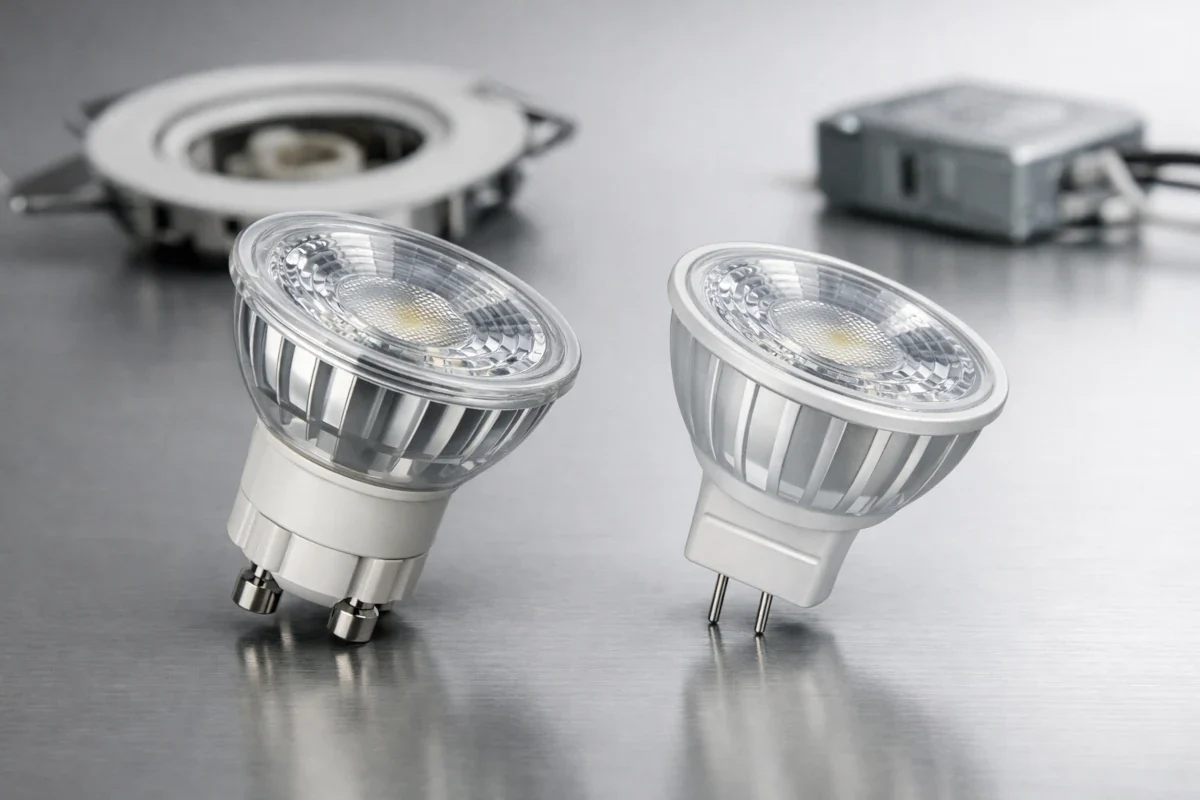 GU10 und MR16 LED-Spot mit unterschiedlichen Sockeln in technischem Einbauspot-Kontext