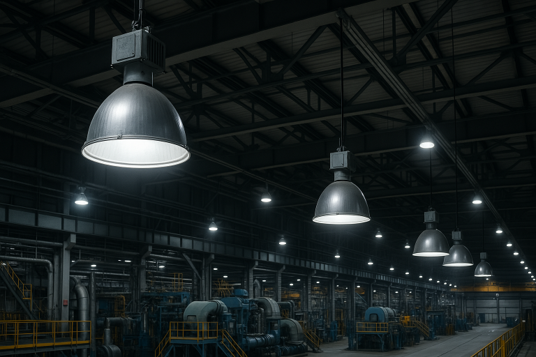 Industriehalle mit großen, hängenden Lampen und Maschinen im Hintergrund.