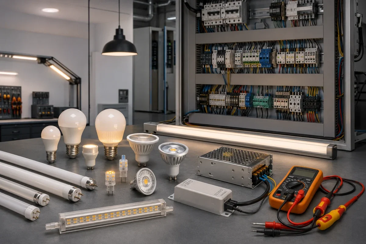 AC/DC- und Niedervolt-LED-Leuchtmittel neben einer technischen Bestandsleuchte und elektrischer Versorgung