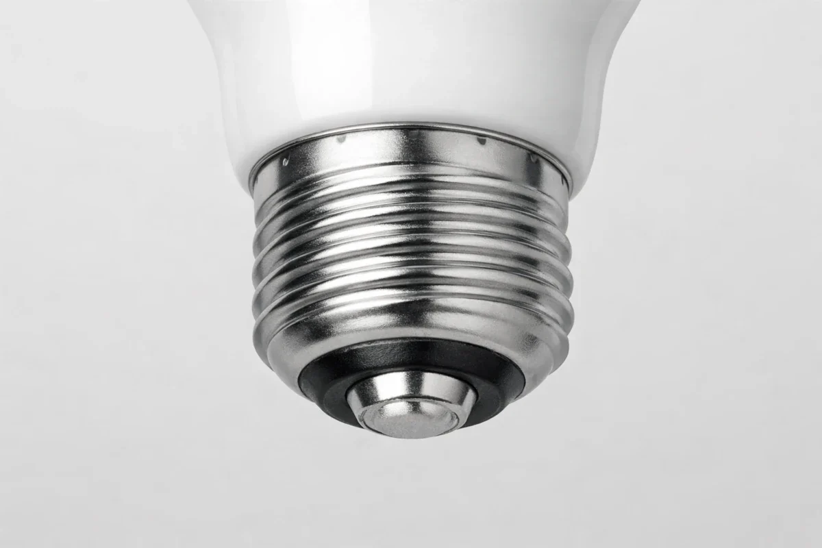 E27 LED-Leuchtmittel mit 27 mm Schraubsockel, Detailansicht des Metallgewindes für technische Anwendungen