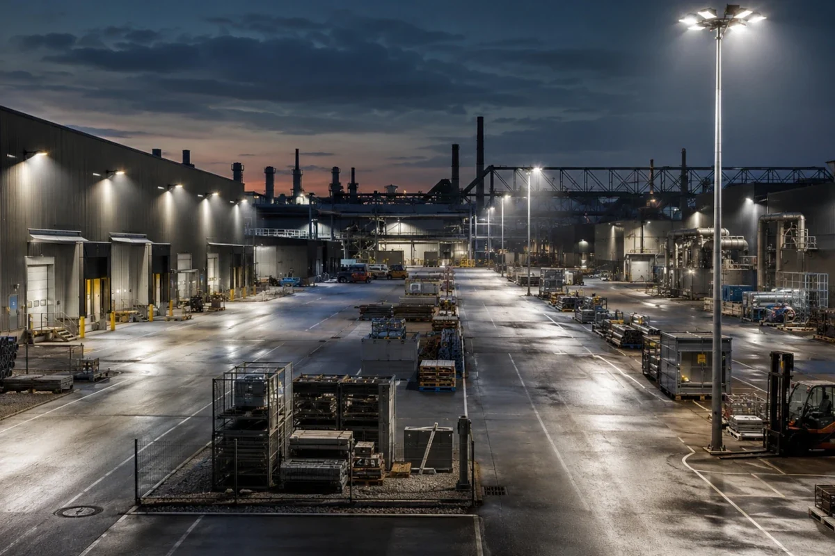 LED Flutlichtstrahler über Industriefläche, Verladezone, Lagerbereich und Zufahrt in Nordrhein-Westfalen