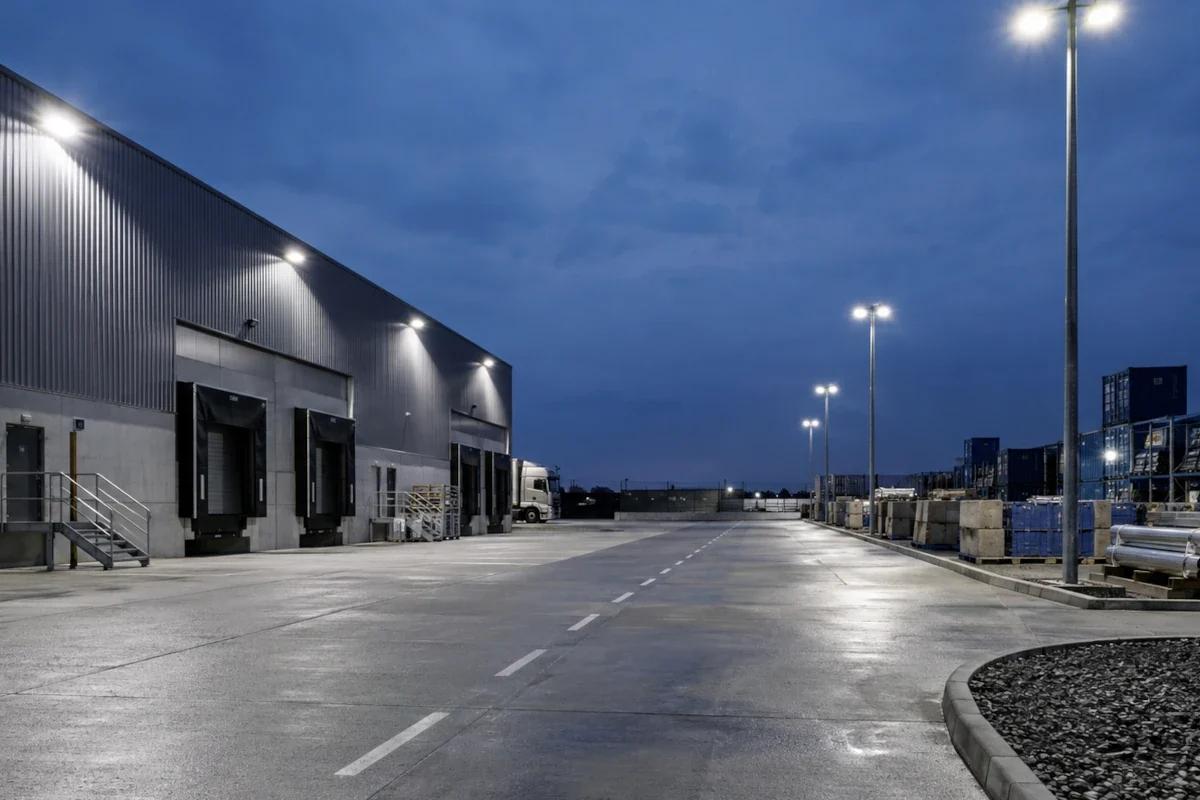 LED-Flutlichtstrahler beleuchten Werkgelände, Lagerhof und Zufahrt einer industriellen Anlage in Bayern