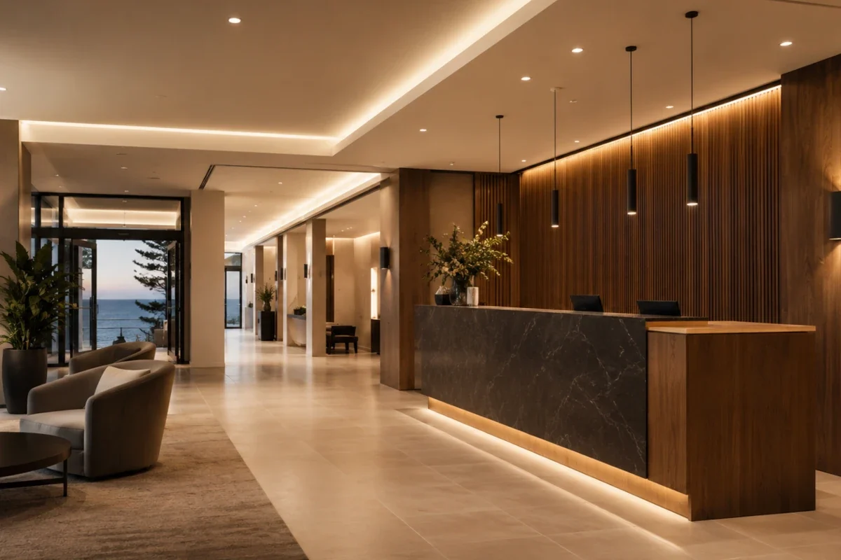 LED-Beleuchtung in Hotel-Lobby mit Flur, Gästezimmerbereich und Eingang an der Ostseeküste