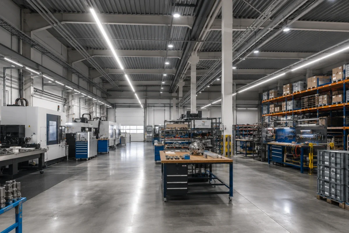 LED-Industrieleuchten über Werkstatt-, Logistik- und Technikbereichen in einer modernen Produktionsumgebung in Bayern