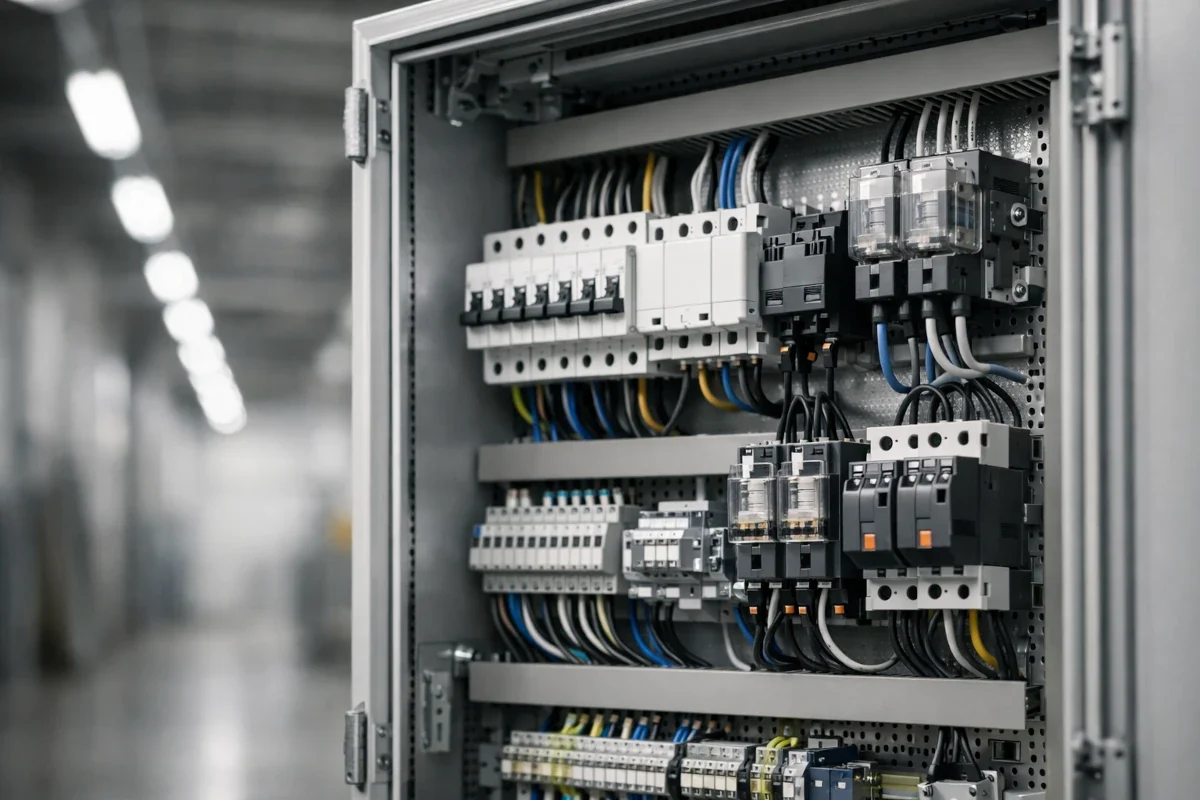 Schaltschrank mit Relais und LED-Gruppenschaltung in industrieller Umgebung