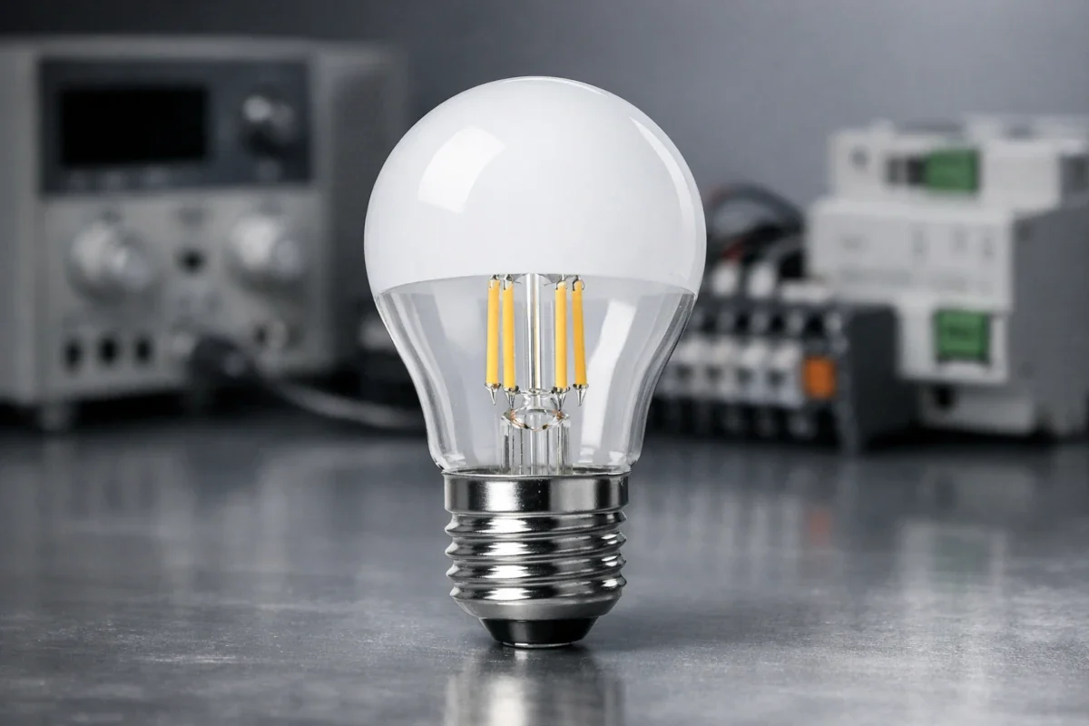 AC/DC LED – kompatibel für Wechsel- und Gleichstromsysteme LED-Leuchtmittel in technischer Umgebung zur Darstellung von AC/DC-Kompatibilität