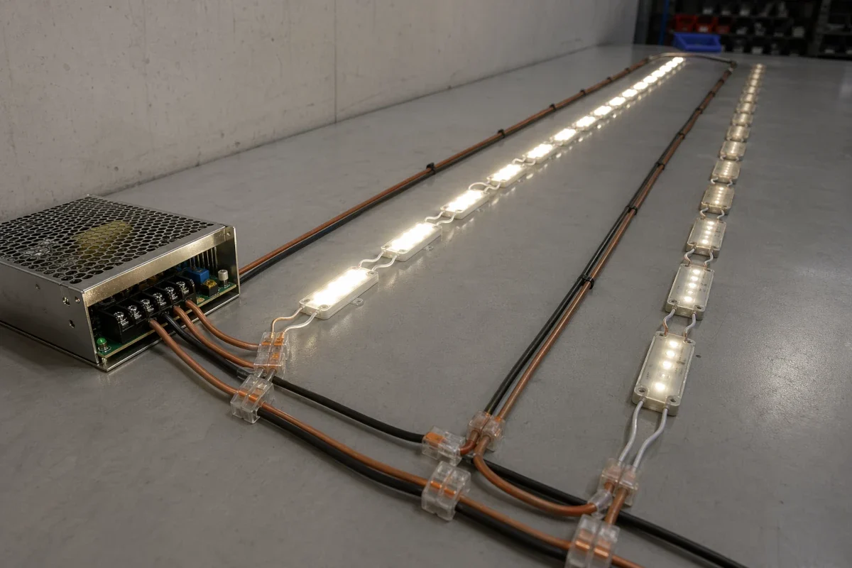 24V LED Installation mit unterschiedlichen Kabelquerschnitten und sichtbarem Spannungsfall am Leitungsende