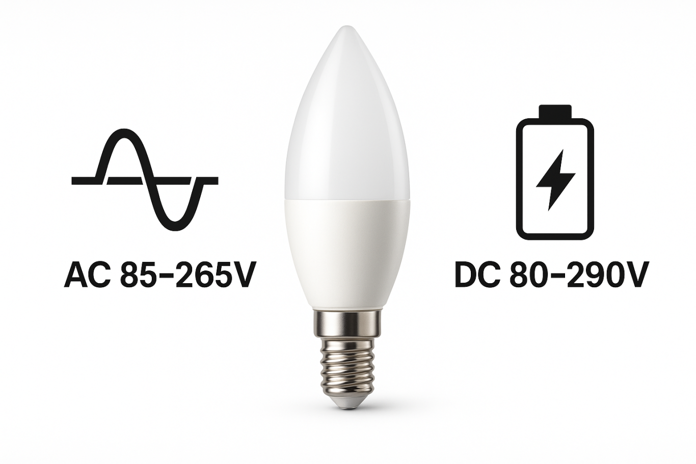 Energiesparende Kerzenlampe mit Spannungsangaben für AC und DC.