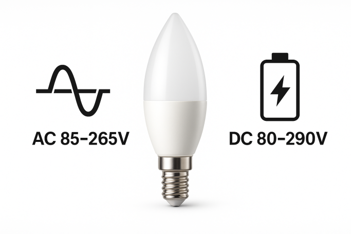 Energiesparende LED-Lampe mit AC- und DC-Betriebsangaben.