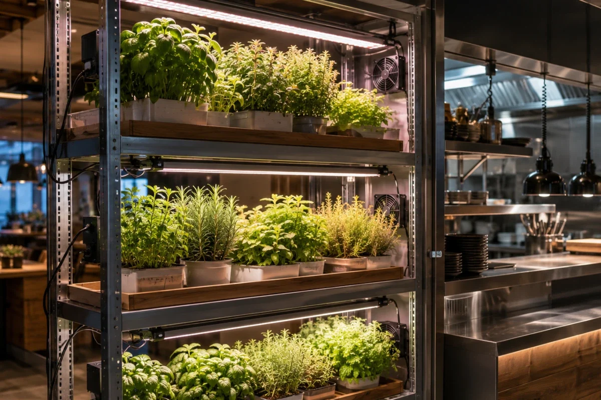 LED Pflanzenbeleuchtung über einem mehrstufigen Kräuterregal in einem gastronomischen Innenbereich