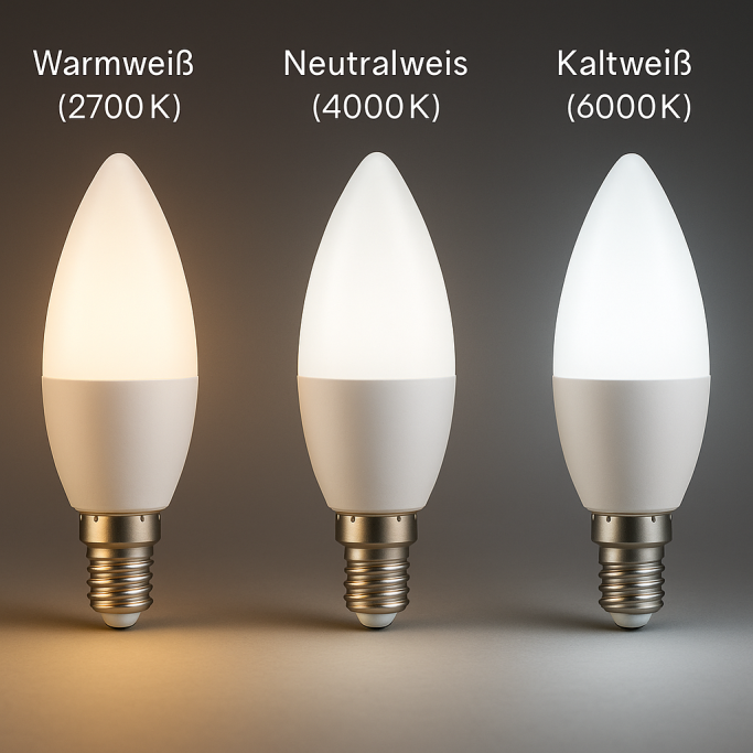 Drei LED-Lampen in verschiedenen Lichtfarben: warmweiß, neutralweiß und kaltweiß.