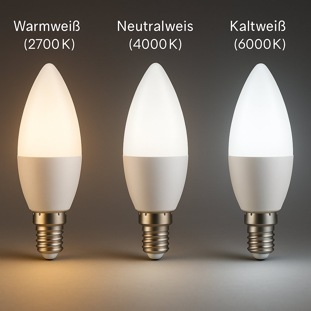 Drei LED-Lampen mit unterschiedlichen Farbtemperaturen: Warmweiß, Neutralweiß, Kaltweiß.