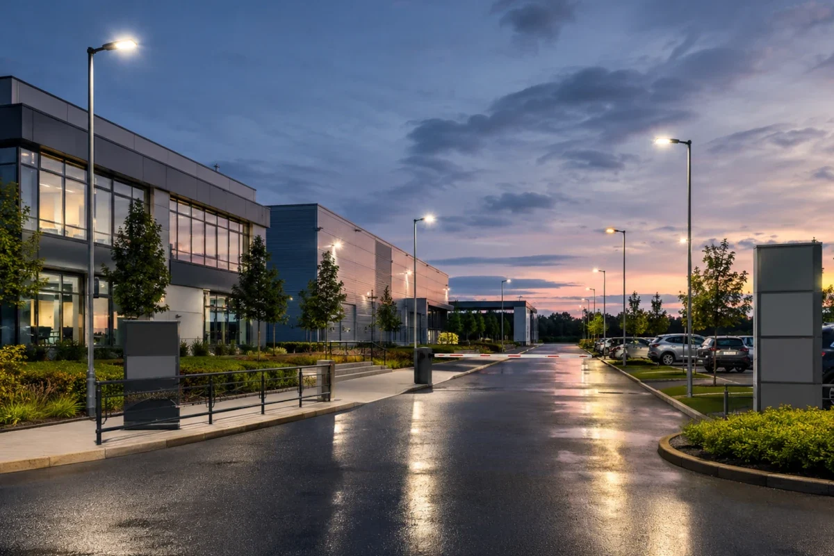 LED Straßenleuchten entlang einer internen Straße in einem Gewerbepark mit Besucherparkplatz, Fußwegen und Außenanlagen
