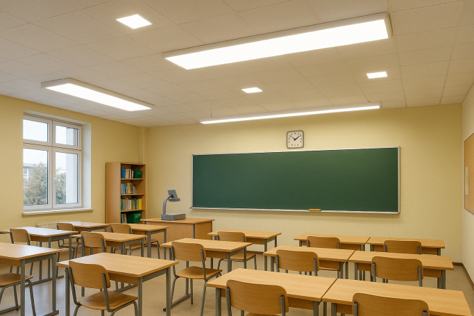 Leerer Klassenraum mit Tischen, Stühlen, Tafel und Bücherregal.