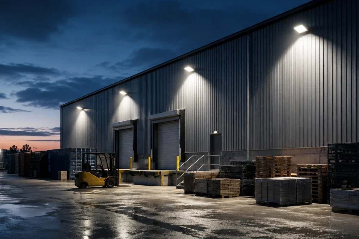 LED Flutlichtstrahler richtig ausrichten für Werkhof Ladezone und Außenlager LED Flutlichtstrahler an einer Hallenfassade über einem Werkhof mit Ladezone, Fahrzeugen und Materialflächen