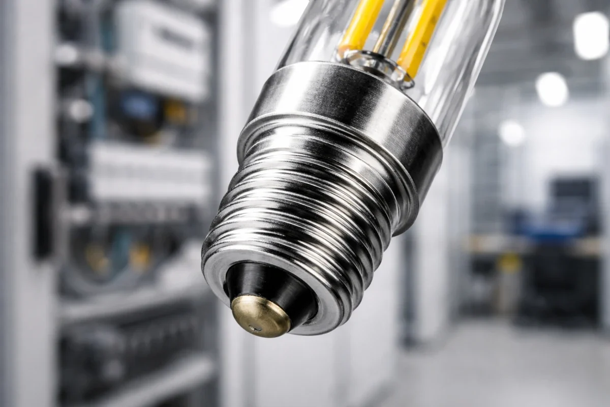 E14 LED-Leuchtmittel mit 14 mm Edison-Schraubsockel in technischer Industrieumgebung