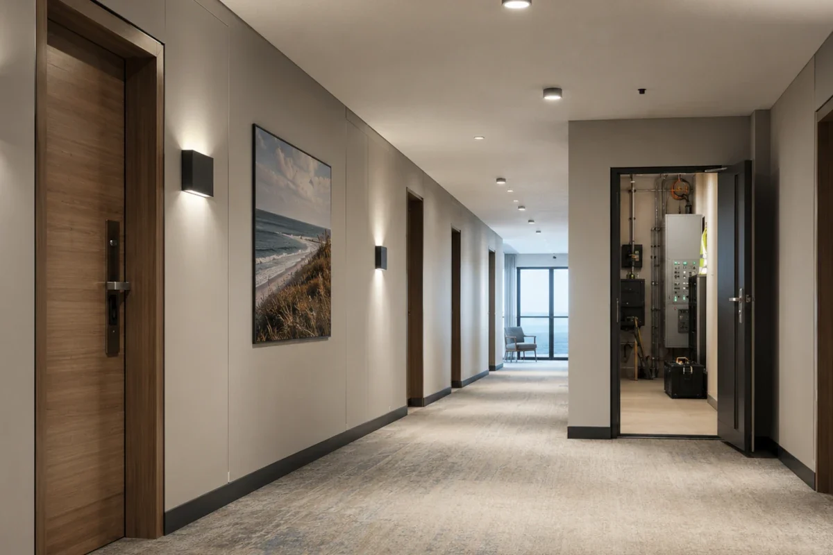 LED Retrofit für Ostsee-Hotels Bäder Wellness T8 GU10 E14 und AC DC prüfen LED-Leuchten in Hotelflur und Wellnessbereich mit Technikraumzugang an der Ostseeküste