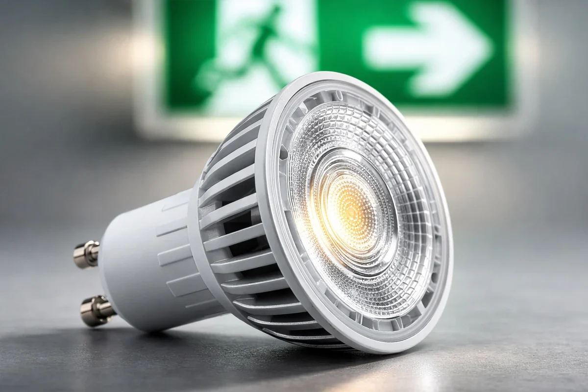 GU10 LED 230V AC/DC im Vordergrund vor diffuser EU-Notausgangsbeleuchtung