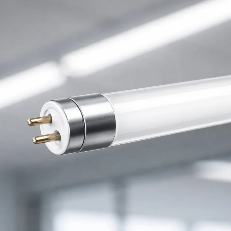 T5 LED-Röhre mit G5-Sockel neben technischer Niedervoltversorgung und geöffneter Bestandsleuchte