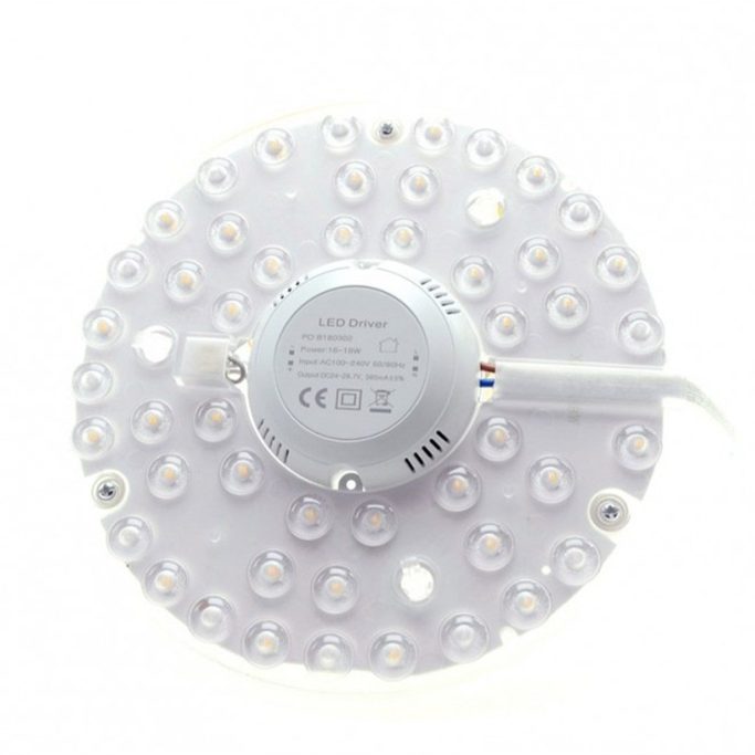 Runde LED-Lampe mit mehreren Lichtquellen auf einer weißen Platine.