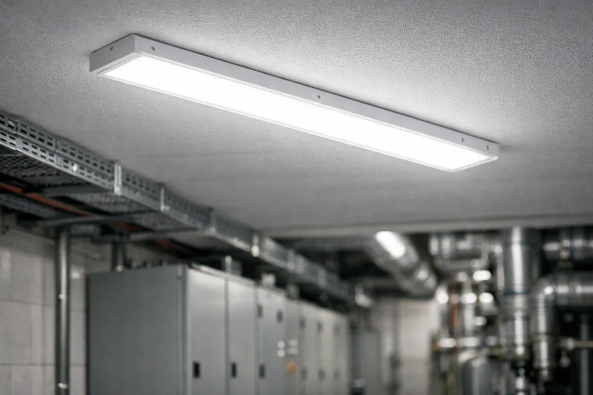 LED-Deckenleuchte im Industrieflur mit neutralweißem Licht im Dauerbetrieb