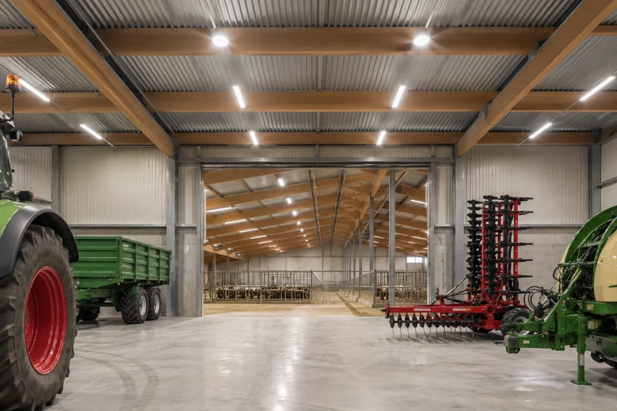 LED-Leuchten in einer norddeutschen Maschinenhalle mit Lagerbereich und landwirtschaftlicher Technik