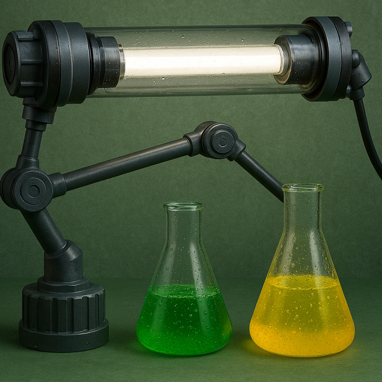 Eine Laborvorrichtung mit einem Glasrohr und zwei Erlenmeyerkolben in Grün und Gelb.