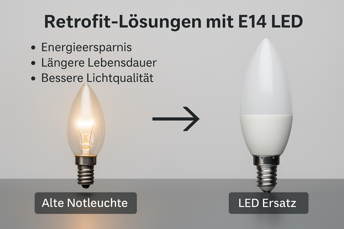 Vergleich zwischen alter Glühlampe und neuem E14 LED Ersatz, Vorteile hervorgehoben.