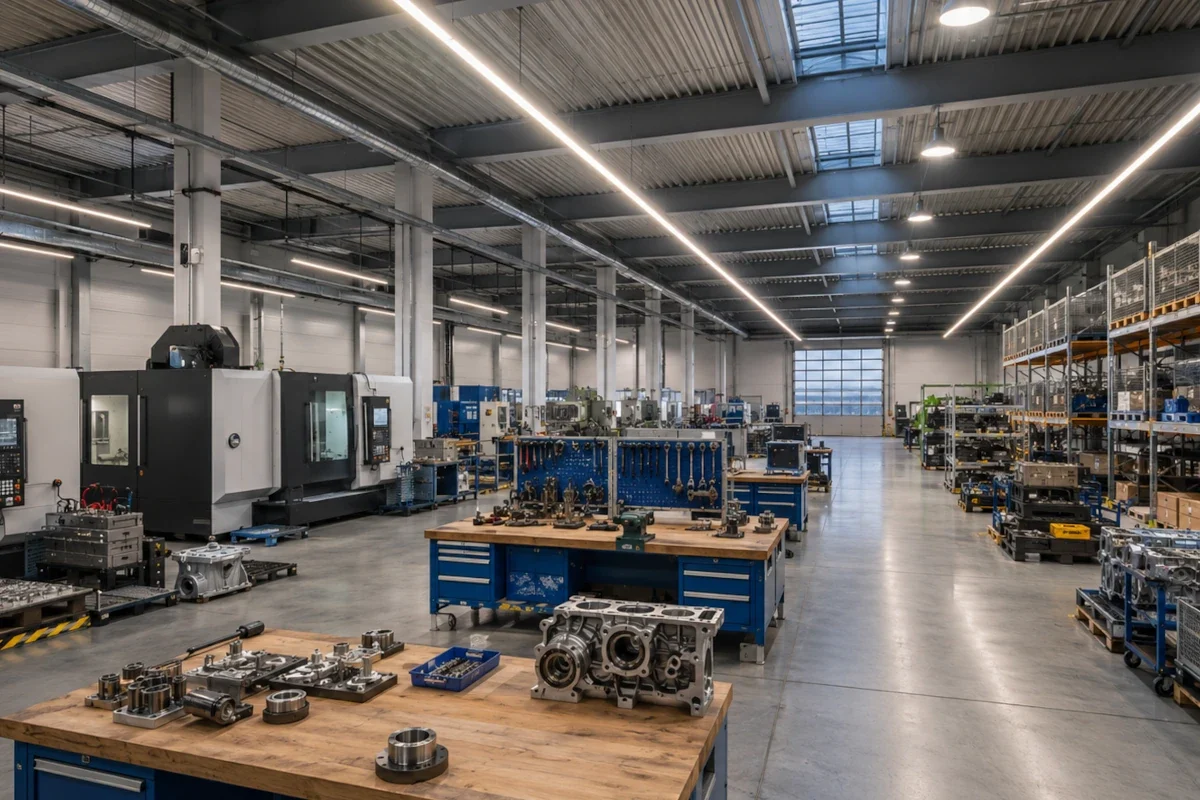 LED-Highbay- und Linearleuchten über Produktionsflächen, Lagerregalen und Werkstattbereichen in einer Industriehalle in Bayern